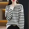 Suéter Listrado de Gola Redonda para Mulheres, Caimento Solto, Novo Estilo Outono e Inverno, Estilo Preguiçoso, Tricô Casual Versátil, Camada de Base Fashion Versátil