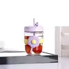 Taza de Agua de Vidrio de Dibujos Animados de Flores Lindas con Popote de Flor para Té, Taza de Bebida Directa para Estudiantes Mujeres y Niños, Taza Portátil de Regalo