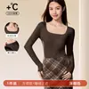 Suéter gola quadrada manga longa slim fit quente e estiloso, camisa base para mulheres, pode ser usado como peça externa, confortável, alta elasticidade, top versátil