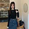 Atacado outono e inverno renda costura lã pelúcia top manga longa camisa básica feminina gola alta slim fit versátil quente