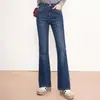 Calça jeans flare com relevo e bordado para mulheres, novo estilo outono 2026, petite, elegante, cintura alta, modeladora, com corte reto e caimento fluido