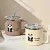 Taza de Acero Inoxidable 304 con Tapa, Sellada, Universal, Taza de Café Portátil de Dibujos Animados de Gran Capacidad con Asa y Popote
