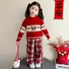Conjunto de Suéter para Niña Otoño e Invierno 2025 Nuevo Elegante Tejido de Punto Infantil con Forro Polar Pantalones de Pierna Ancha a Cuadros Atuendo de Año Nuevo
