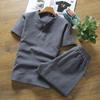 Terno de verão de algodão e linho Camiseta masculina de manga curta com decote em V Casual Esportes conjunto de duas peças plus size terno de calças de linho