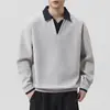 Moletom simples estilo americano com retalhos, falso duas peças, gola polo para homens, jaqueta de manga comprida, jaqueta casual leve de outono, cor cinza claro