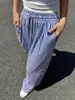 Calça de Verão Nova Europeia e Americana Listrada de Perna Larga para Mulheres 2026, Cintura Alta com Cordão, Solta, Casual, com Bolsos