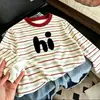Camiseta de manga larga a rayas de retazos de algodón puro para niños, nuevo estilo primavera y otoño, camiseta básica elegante y holgada para niños