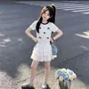 Camiseta de Manga Corta con Lunares y Lazo Personalizada para Niñas, Falda de Encaje con Pastel Linda, Conjunto de Dos Piezas Delgado de Verano para Niños Mayores