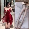 Lencería Sexy Hebilla Frontal Malla Transparente Lazo Pijama Caliente Abertura Falda Larga qqny Puro Deseo