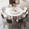 Mesa de comedor y sillas de lujo ligero con tablero de piedra brillante, juego de comedor moderno y minimalista de estilo italiano para uso doméstico, con bandeja giratoria y tablero redondo de piedra