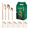 Mango cuadrado set de 24/30 piezas acero inoxidable juego de cubertería occidental cuchillo, tenedor y cuchara dorados estante de almacenamiento caja de regalo