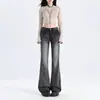 Jeans Lavado Preto e Cinza de Cintura Alta Estilo Americano Tendência Inverno 2025 para Mulheres, Calças Flare Elásticas de Corte Slim