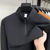 Camiseta de manga comprida com gola alta e zíper parcial em fleece escovado estilo outono, camiseta base masculina elástica raglan
