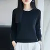 Suéter de punto de algodón puro de cuello redondo estilo minimalista transfronterizo para mujer, suéter suelto casual de manga larga, camisa básica atmosférica en azul