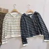 Camiseta Listrada Color Block Manga Longa Falsa Duas Peças Patchwork Estilo Coreano Gola Redonda 2026 Primavera/Outono Solta Casual Top Feminino
