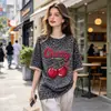 Camiseta Casual de Manga Corta para Mujer, Estampado de Leopardo Gris Retro Americano y Cerezas, Hombro Caído, Longitud Media, Cuello Redondo, Versátil para el Verano