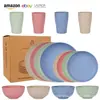 Conjunto de louças de palha de trigo para uso transfronteiriço, incluindo tigelas, pratos e copos de plástico duráveis e resistentes a quedas, em uma caixa de presente minimalista de estilo nórdico para uso doméstico