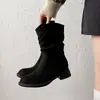 Botas para mujer, botas de media pantorrilla estilo western, estilo retro americano, adelgazantes, que aumentan la altura, botas de moda trendy, tacón grueso para personas menudas
