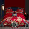 Capa de edredom de algodão de fibra longa com bordado dragão e fênix vermelha, conjunto de quatro peças, roupa de cama vermelha de casamento
