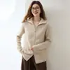 Cardigã de malha de cashmere espesso de sete agulhas para mulheres, gola alta, mangas raglan, estilo casual solto, jaqueta versátil com zíper