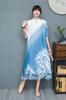 Estilo Étnico Vintage Verão Solto Gola Alta Estampa Digital Botão Pan Vestido Chiffon Saia Midi Feminina Estampa Geométrica
