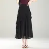 Falda de Gasa Negra Estampada Fina de Verano Transfronteriza para Mujer, Falda de Línea A Acampanada de Longitud Media de Cintura Alta por Encima de la Rodilla