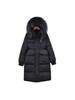 Casaco Longo de Penas para Trabalho Feminino Moda Inverno 2026 Cintura Marcada Emagrecedor Gola Grande de Pelo Quente Penugem de Pato Branco Parka Acima do Joelho