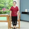 Conjunto de Algodón de Verano para Mujeres de Mediana Edad y Mayores, Conjunto de Dos Piezas con Top Bordado de Manga Corta y Pantalones Cortos para Abuela