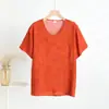 Camiseta de Manga Corta con Cuello en V y Estampado Floral de Algodón y Seda, Nueva de Verano 2025, Suelta Casual para Casa