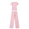 Pantalones Sueltos/Suaves y Cómodos con Caída para Mujer, Pantalones de Yoga de Pierna Ancha hasta el Suelo, Conjunto de Top de Manga Corta para Gimnasio