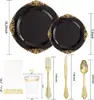 Plato Negro de Plástico Desechable Borde Dorado Redondo Plato para Pastel Postre Plato para Comida Occidental Cena de Filete Fiesta Celebración Cumpleaños