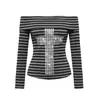 Top de una sola manga larga a rayas de color blocking retro de otoño estilo Ins, estilo americano con patrón cruzado y pedrería, estilo europeo y americano