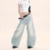Calça Jeans Yongfang Estilo Retrô Americano Azul Claro Cimitarra para Homens e Mulheres High Street Solta Tendência Cool Design Casual Calça de Perna Larga