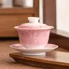 Tazón Cubierto Gradiente Rosa Sancai del Fabricante Taza de Té Cerámica Tazón de Té Tallado Pintado a Mano Taza de Té Personal Especial Juego de Té Kung Fu