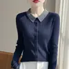 Suéter de punto con cuello POLO y bloques de color estilo francés para mujer, nuevo modelo 2026, de manga larga, corte ajustado, lana de hilo fino, suéter de capa base