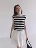 Chaleco tejido de rayas sin mangas con cuello redondo a la moda para mujer, nuevo estilo de verano, talla grande, corte ajustado, top elegante que rejuvenece