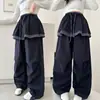 Calça Cargo de Primavera para Meninas 2026 Novo Estilo Painel Traseiro com Renda Infantil Crianças Maiores Patchwork Solta Azul Marinho Casual