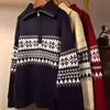 Suéter de tricô vermelho jacquard Fair Isle masculino inverno gola alta com zíper meio do peito estilo preguiçoso solto casaco para casal