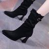 Botas Elegantes de Bico Fino com Fivela, Salto Alto, Meio da Panturrilha para Mulheres, Inverno 2026, Novas Botas Khaki com Pregas, de Calçar, Salto Agulha