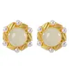 Seis pares de brincos redondos incrustados de jade branco Hotan estilo corte retrô concha pérola d'água banhados a ouro prata de lei 925