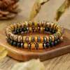 Conjunto de Pulseiras Elásticas 8mm Pedra Olho de Tigre Preto Fosco 4mm Cubo de Pedra de Ferro Preto Pulseira Masculina Feita à Mão