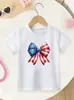 Camiseta de Verano de Manga Corta para Niñas con Estampado de Caricatura de Lazo Americano Día de la Independencia Transfronterizo Venta al por Mayor de Fábrica