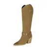 Botas western altas de talla grande con corte en V para mujer, punta fina, tacón grueso con veta de madera, doble hebilla, botas vaqueras largas vintage desgastadas