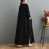 Toma real de 2026 del nuevo vestido largo de manga larga holgado de talla grande con cuello en V de algodón y lino vintage de otoño