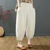 Calças Bloomers Femininas de Algodão e Linho 100% Verão Novas Calças de Nove Pontos Literárias Casuais de Perna Larga com Amarração Versáteis Calças Harem