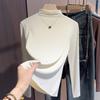 Camiseta Básica de Cuello Alto Negra para Mujer 2026 Otoño e Invierno Nuevo Estilo Ajustada con Forro Polar Manga Larga A7806