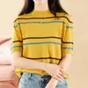 Camiseta de punto de algodón puro para mujer, estilo coreano, nueva de verano, cuello redondo, a rayas, manga corta, corte holgado, adelgazante, con bloques de color, top de moda