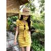 Xale Bordado de Pônei Estilo Coreano de Verão Vestido Tricô Gola Redonda Listrado de Manga Curta Saia Curta Slim que Molda o Corpo Feminino