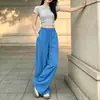 Calça feminina azul casual estilo retrô, novo modelo de verão 2026, modelagem solta, afina a silhueta, perna larga, calça moderna comprimento total
