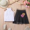 Amazon roupas infantis transfronteiriças colete de cor sólida para meninas top sem mangas Terno de saia midi plissado estampado em denim